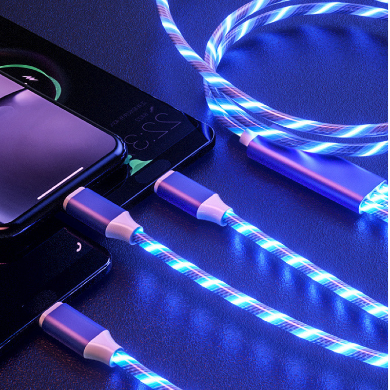 1-to-3 LED charging cable with rainbow lights, suitable for iPhone and Android devices.