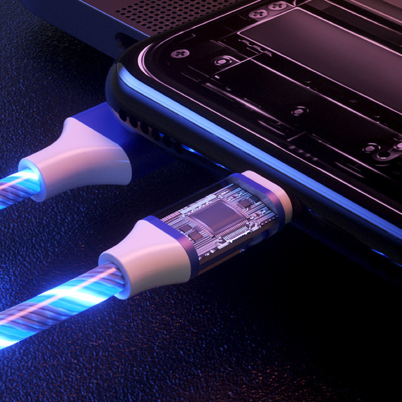 1-to-3 LED charging cable with rainbow lights, suitable for iPhone and Android devices.